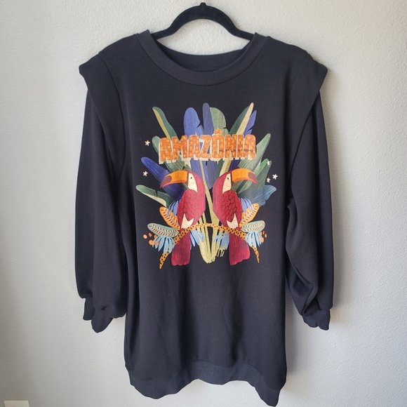 Farm Rio Amazonia Oversized Puff Shoulder Sweatshirt Dress, Size Small, Black - Picture 2 of 11